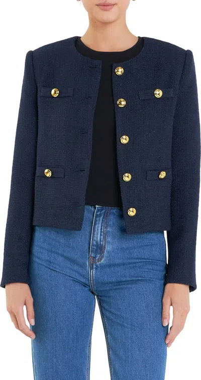 English Factory Gold Button Pointed Tweed Jacket In Navy In Blue