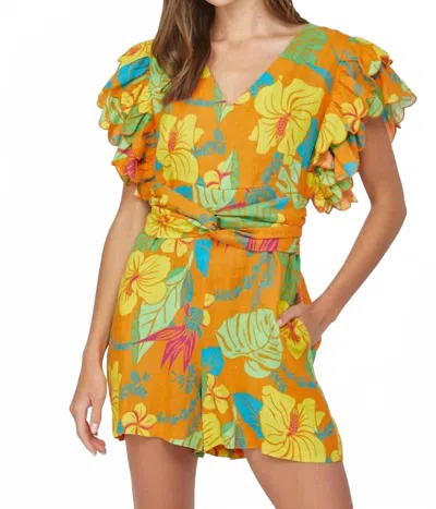 Fate By Lfd Tropical Linen Ruffle Sleeve Romper In Orange In Orange