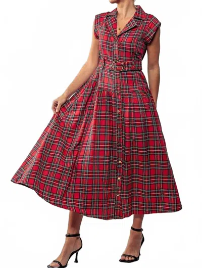Faire Dashing Plaid Belted A-line Dress In Red In Red