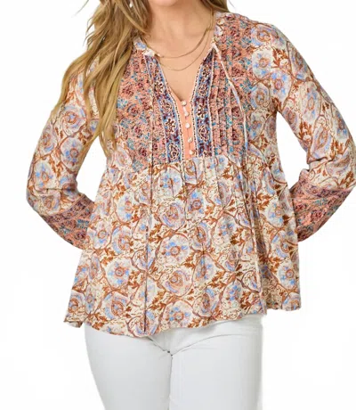 Mystree Printed Peasant Blouse In Ivory/pale Blue In Brown