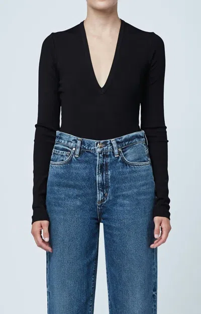 Goldsign Rib Deep V Front Bodysuit In Black In Black