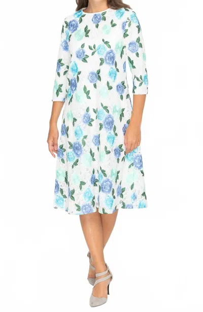Kmw Floral A-line Midi Dress In Blue/ White In White