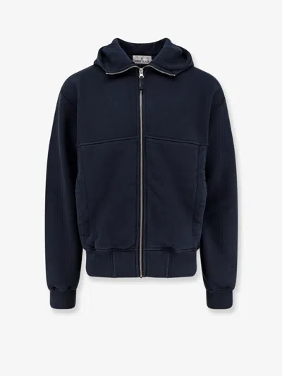 Stone Island Long Sleeve Cotton Sweatshirt With Ribbed Trim In Blue