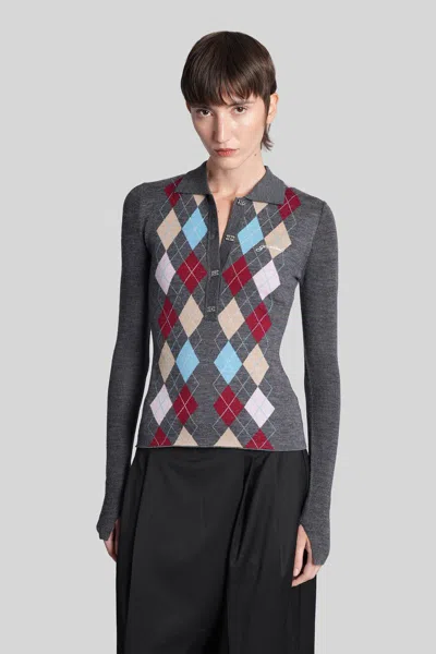 Ganni Fine Merino Wool Jacquard Knitted Polo Shirt In Gray