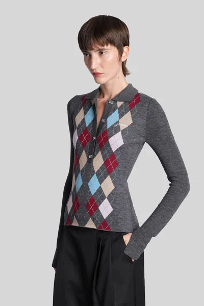 Ganni Fine Merino Wool Jacquard Knitted Polo Shirt In Gray