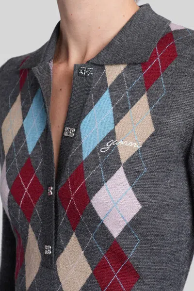 Ganni Fine Merino Wool Jacquard Knitted Polo Shirt In Gray