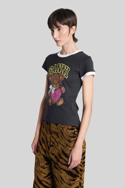 Ganni Black Crewneck T-shirt With Maxi Logo On The Front In Cotton Jersey Woman In Multi
