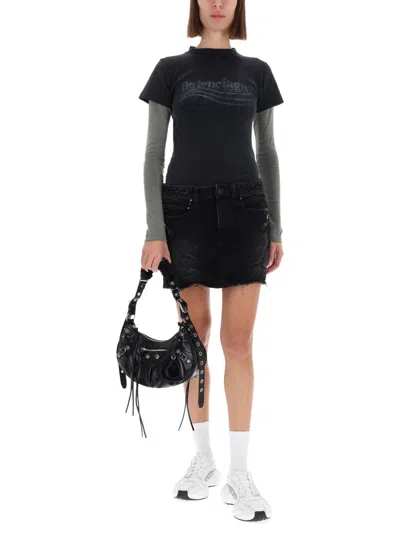 Balenciaga Washed Black City Mini Denim Skirt In Black