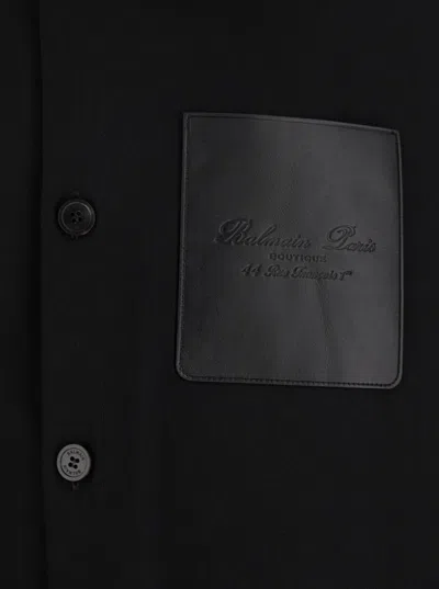 Balmain Men Black Shirt With Classic Collar And Logo Detail On The Pocket In Wool Stretch Man In Black