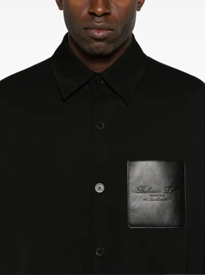 Balmain Men Black Shirt With Classic Collar And Logo Detail On The Pocket In Wool Stretch Man In Black