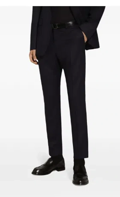 Dolce & Gabbana Navy Blue Wool Straight-leg Trousers In Black