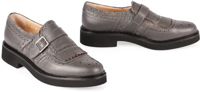 Doucal's Grey Leather Shoes With Buckle And Fringes In Gray