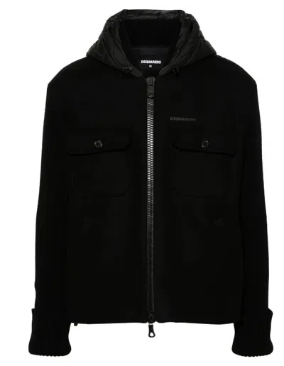 Dsquared2 Black Wool Blend Hooded Jacket