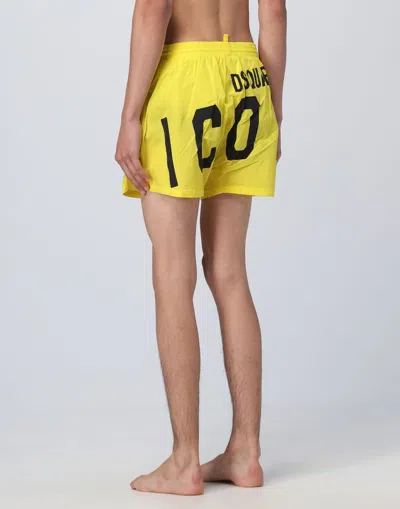 Dsquared2 Icon Stretch Nylon Swim Shorts With Contrasting Maxi Logo In Yellow