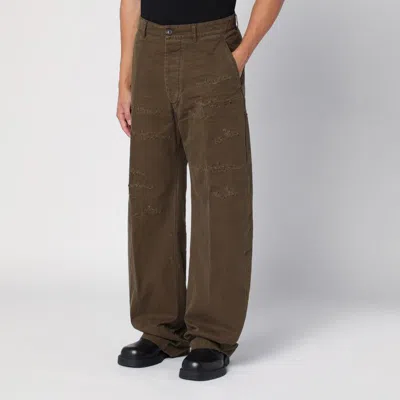 Dsquared2 Military Green Wide Trousers With Wear In Brown