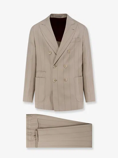 Brunello Cucinelli Men Silk Suit With Pinstripe Motif In Neutral