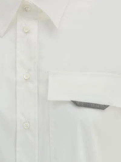 Brunello Cucinelli Classic White Shirt With Pointed Collar And Modern Mesh Detail In White