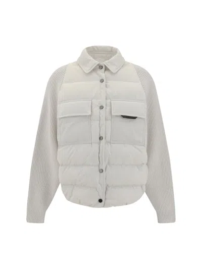Brunello Cucinelli Two-material Down Jacket With Shiny Flap Detail In White