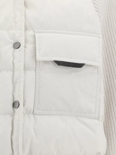 Brunello Cucinelli Two-material Down Jacket With Shiny Flap Detail In White