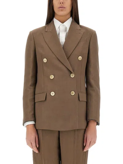 Brunello Cucinelli Brown Double-breasted Jacket With Peak Lapels In Linen Blend Woman In Brown
