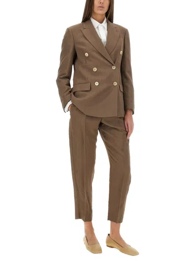 Brunello Cucinelli Brown Double-breasted Jacket With Peak Lapels In Linen Blend Woman In Brown