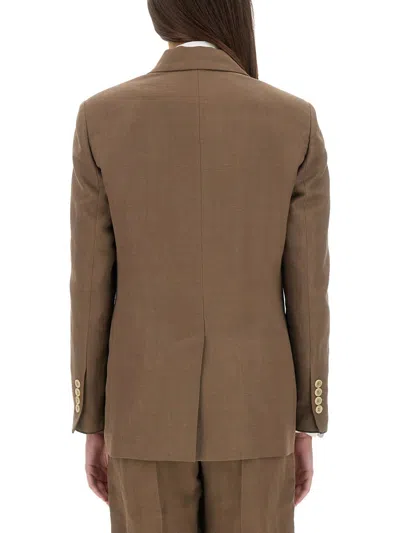 Brunello Cucinelli Brown Double-breasted Jacket With Peak Lapels In Linen Blend Woman In Brown