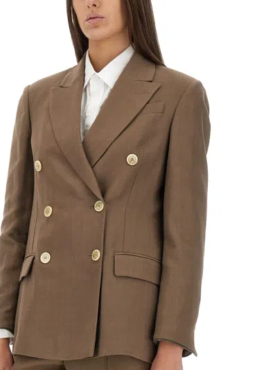Brunello Cucinelli Brown Double-breasted Jacket With Peak Lapels In Linen Blend Woman In Brown