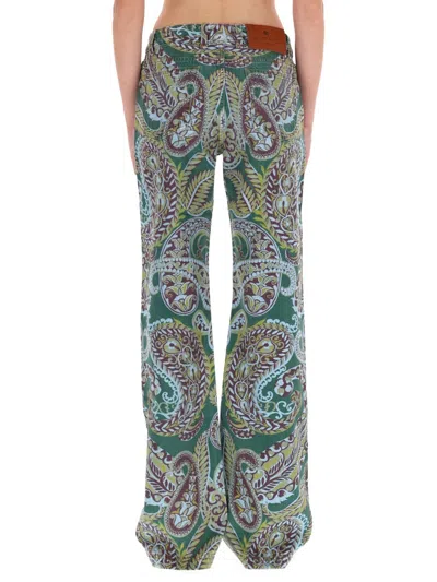 Etro Paisley Print Denim Pants In Green