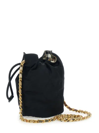 Burberry Women Black Handbag With Chain Shoulder Strap And Ekd Patch On The Front In Fabric Woman In Black