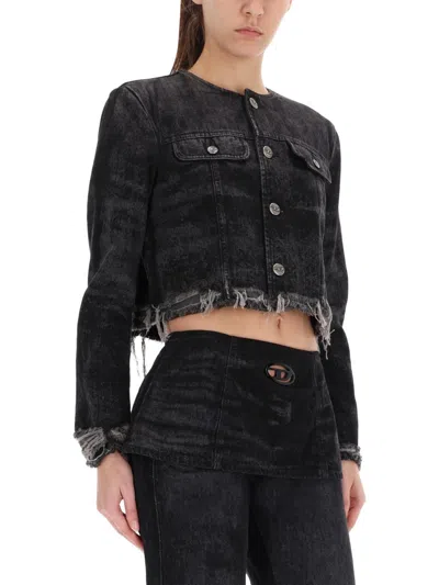 Diesel Jacket In Lasered Cotton-hemp Denim In Black