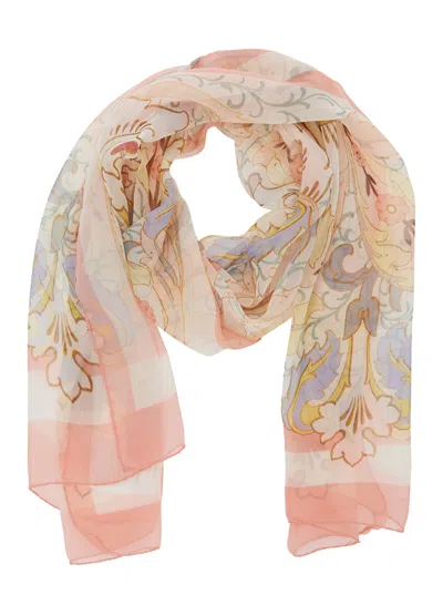 Etro Women Multicolor Rectangular Scarf With All-over Floral Motif And Logo Patch On The Side In Sil In Pink