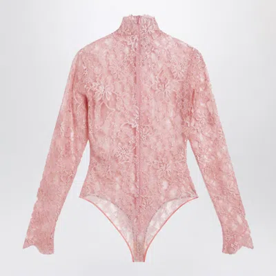 Valentino Garavani Peach Floral Lace Bodysuit In Pink