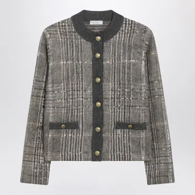 Brunello Cucinelli Jacquard Cardigan With Dazzling Check Embroidery In Gray