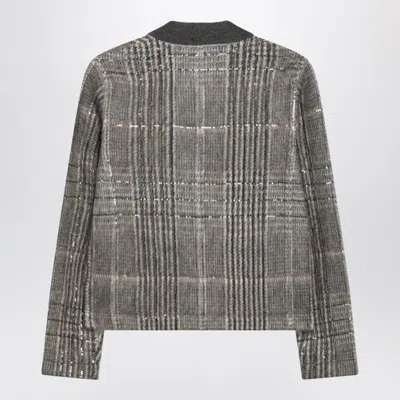 Brunello Cucinelli Jacquard Cardigan With Dazzling Check Embroidery In Gray
