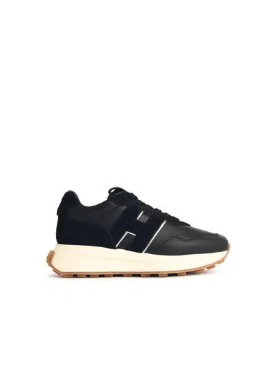 Hogan Streamlined Black Sneakers With Suede Texture In Multi