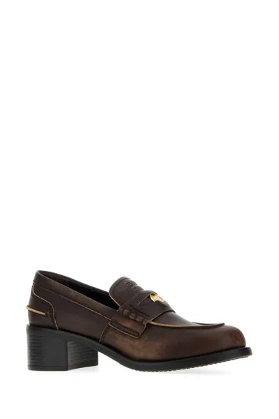 Miu Miu Brown Leather Loafers In Brown