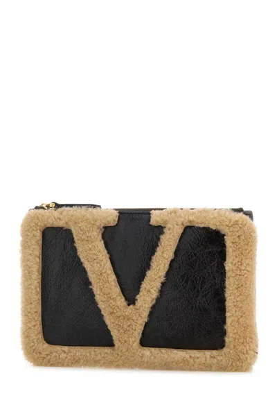 Valentino Signature Clutch With Shearling And Leather In Multi