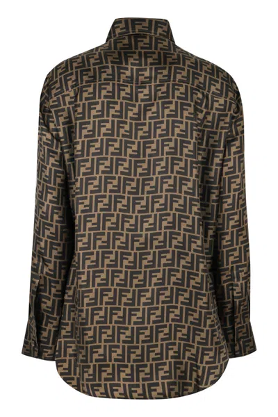 Fendi Ff Logo Print Silk Shirt In Brown