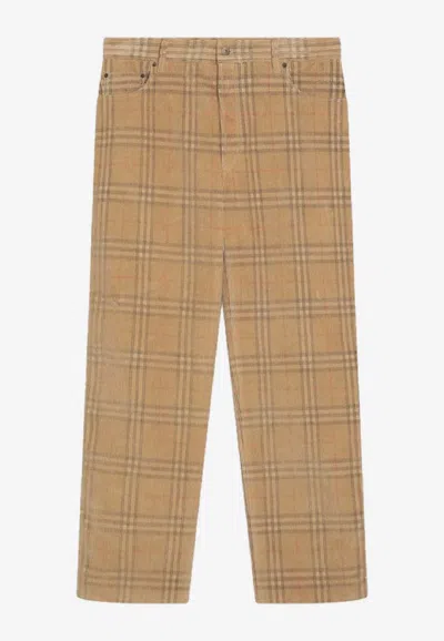 Burberry Sand-coloured Check Corduroy Trousers In Brown