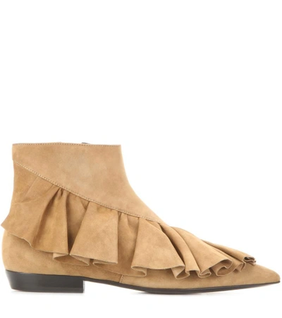 Shop Jw Anderson Ruffle Suede Ankle Boots In Beige