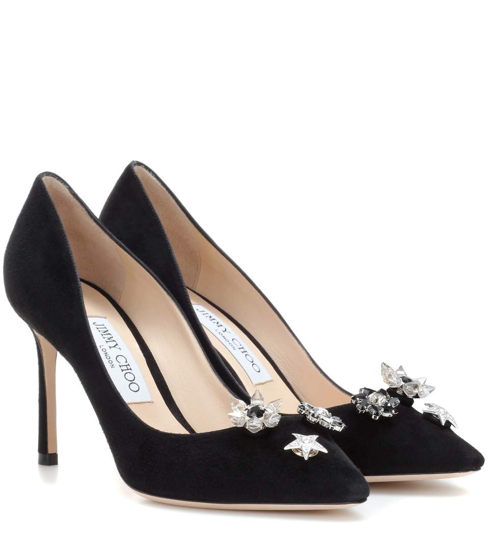 Jimmy Choo Jasmine 100 Crystal-button Suede Pumps In Llack | ModeSens