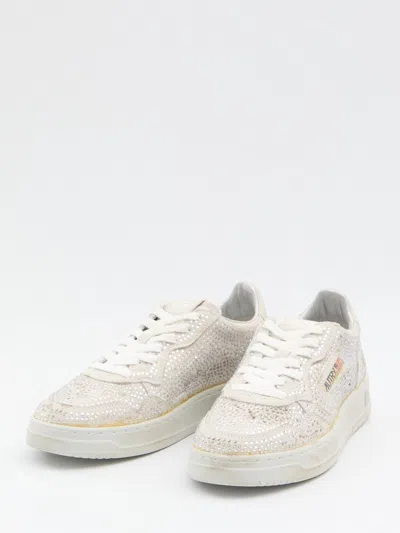 Autry Medalist Low Sneakers In Worn-out Effect Suede With Rhinestones In Animal Print