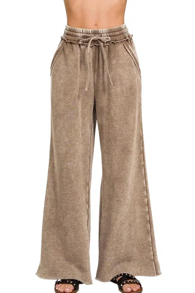 Zenana Acid Wash Fleece Palazzo Sweatpants In Mocha In Brown