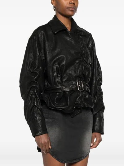 Diesel Belted Jacket In Boiled Leather In Black