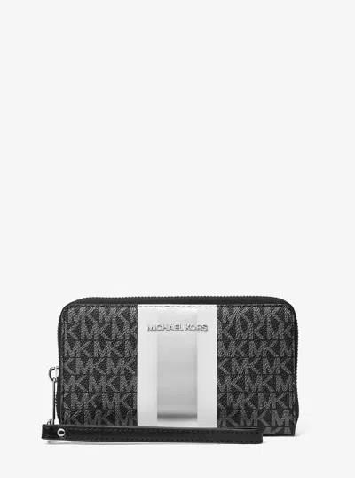 Michael Kors Outlet Jet Set Large Metallic Signature Logo Stripe Smartphone Wallet In Black