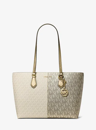 Michael Kors Outlet Sheila Large Metallic Two-tone Signature Logo Tote Bag In Gold