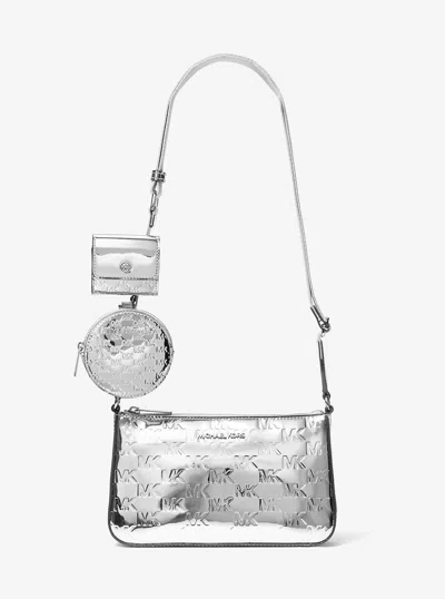 Michael Kors Outlet Jet Set Small Patent Logo Debossed Crossbody Bag With Case For Apple Airpods Pro In Silver