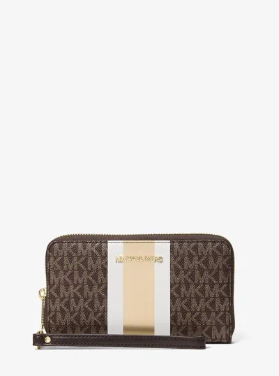 Michael Kors Outlet Jet Set Large Metallic Signature Logo Stripe Smartphone Wallet In Brown