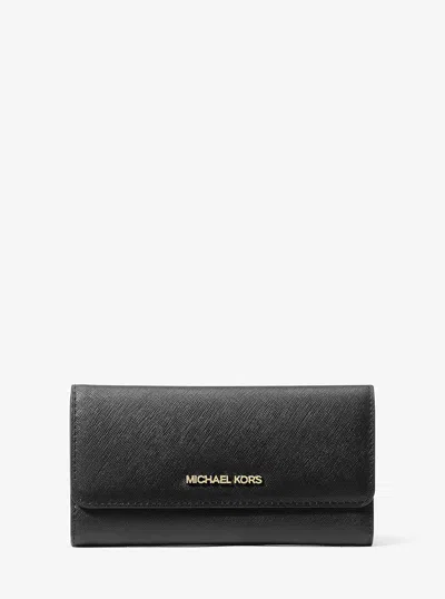 Michael Kors Outlet Jet Set Travel Crossgrain Leather Tri-fold Wallet In Black