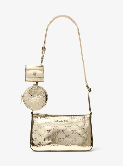 Michael Kors Outlet Jet Set Small Metallic Logo Debossed Crossbody Bag With Case For Apple Airpods Pro In Gold